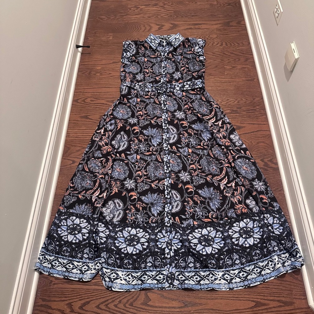 Dalia MacPhee Women XL Blue Floral Paisley Button Front Maxi Shirt Dress Ruffle